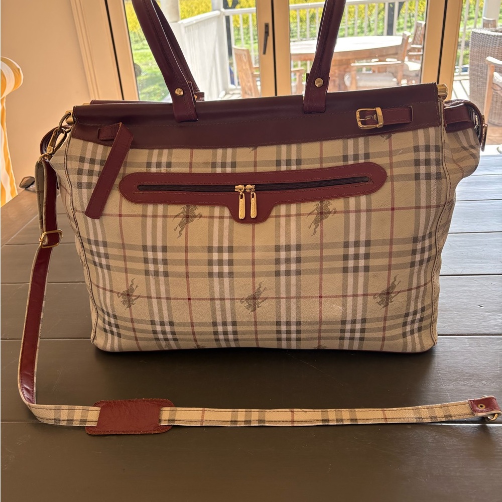 Fabulous Vintage Burberry Plaid carry on with leather and Gold Accents